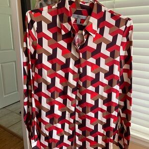 NWT Classiques Entier Red and Brown Geometric women’s silk  blouse, size S